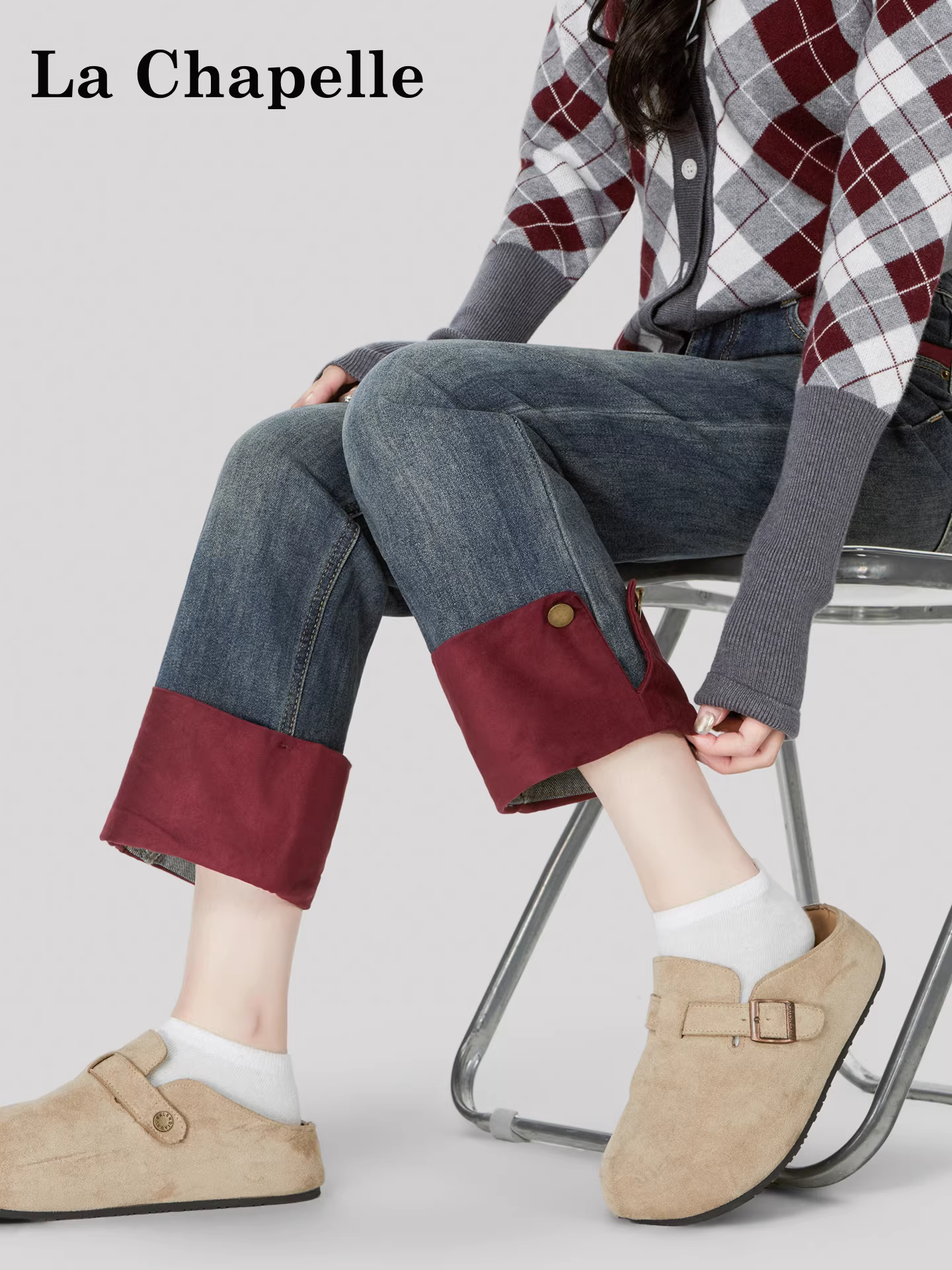 Quần jeans La Chapelle dáng thẳng lưng cao phối vải kiểu retro dành cho nữ, mẫu mới mùa đông 2025, ôm dáng, ống lửng, kiểu dáng cigarette