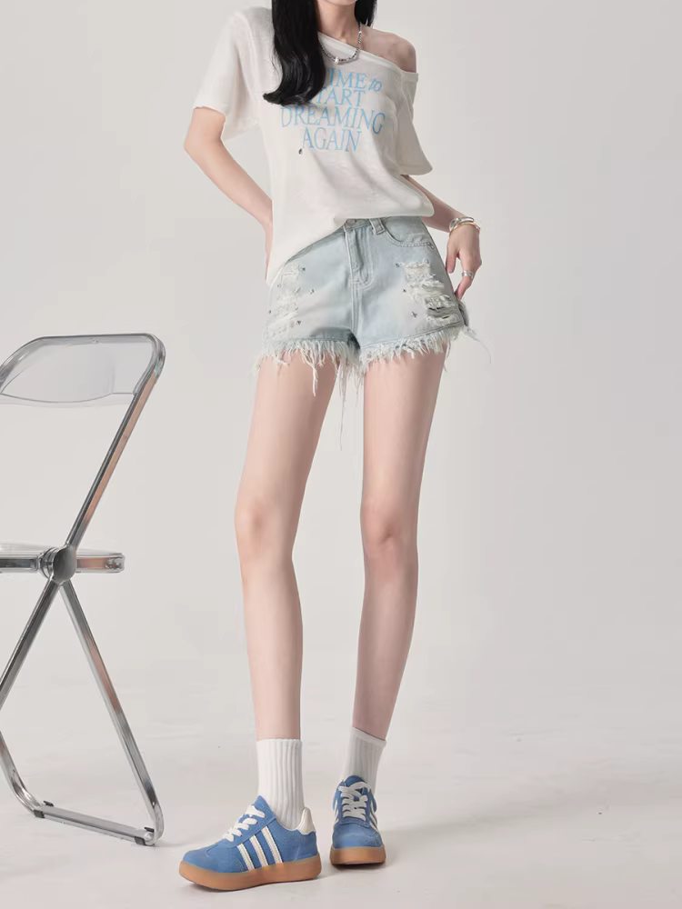 Quần short denim rách màu sáng La Chapelle dành cho nữ, quần short dáng chữ A mỏng lưng cao mới mùa hè 2025