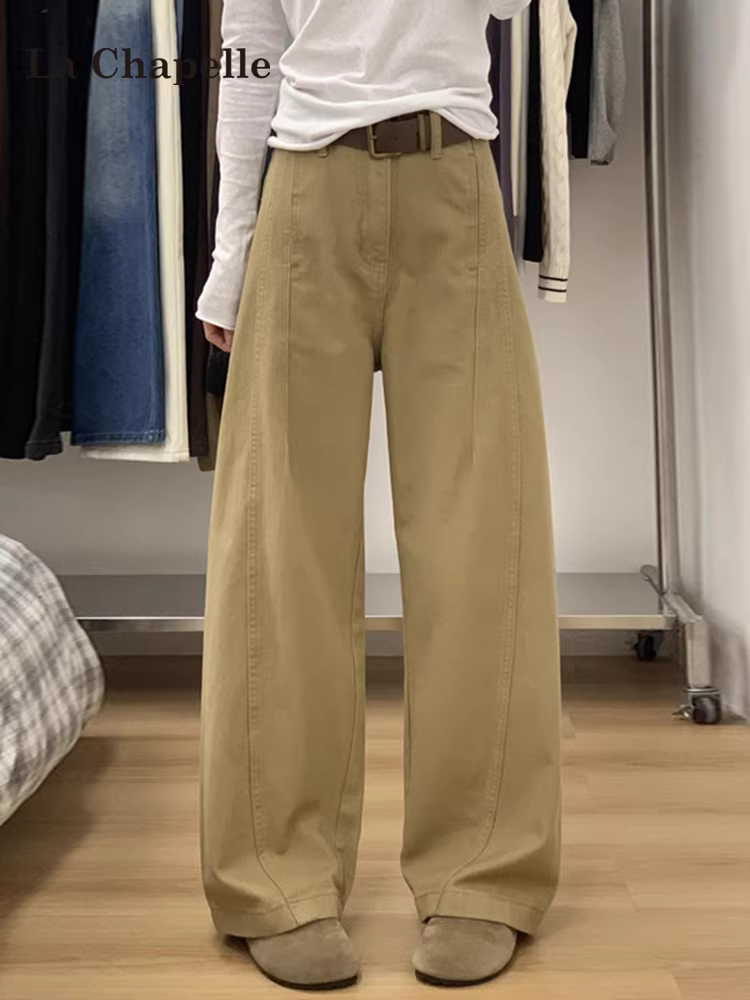 Quần jeans La Chapelle màu kaki dáng lửng dành cho nữ, mẫu mới thu đông 2025, cạp cao, rộng thùng thình, dành cho người nhỏ nhắn