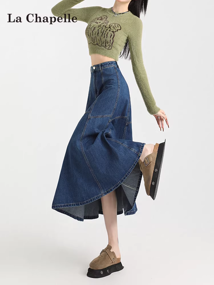 Chân váy denim bút chì La Chapelle retro dành cho nữ, mẫu mới xuân thu 2025, cạp cao, tôn dáng, dài qua gối, dáng chữ A