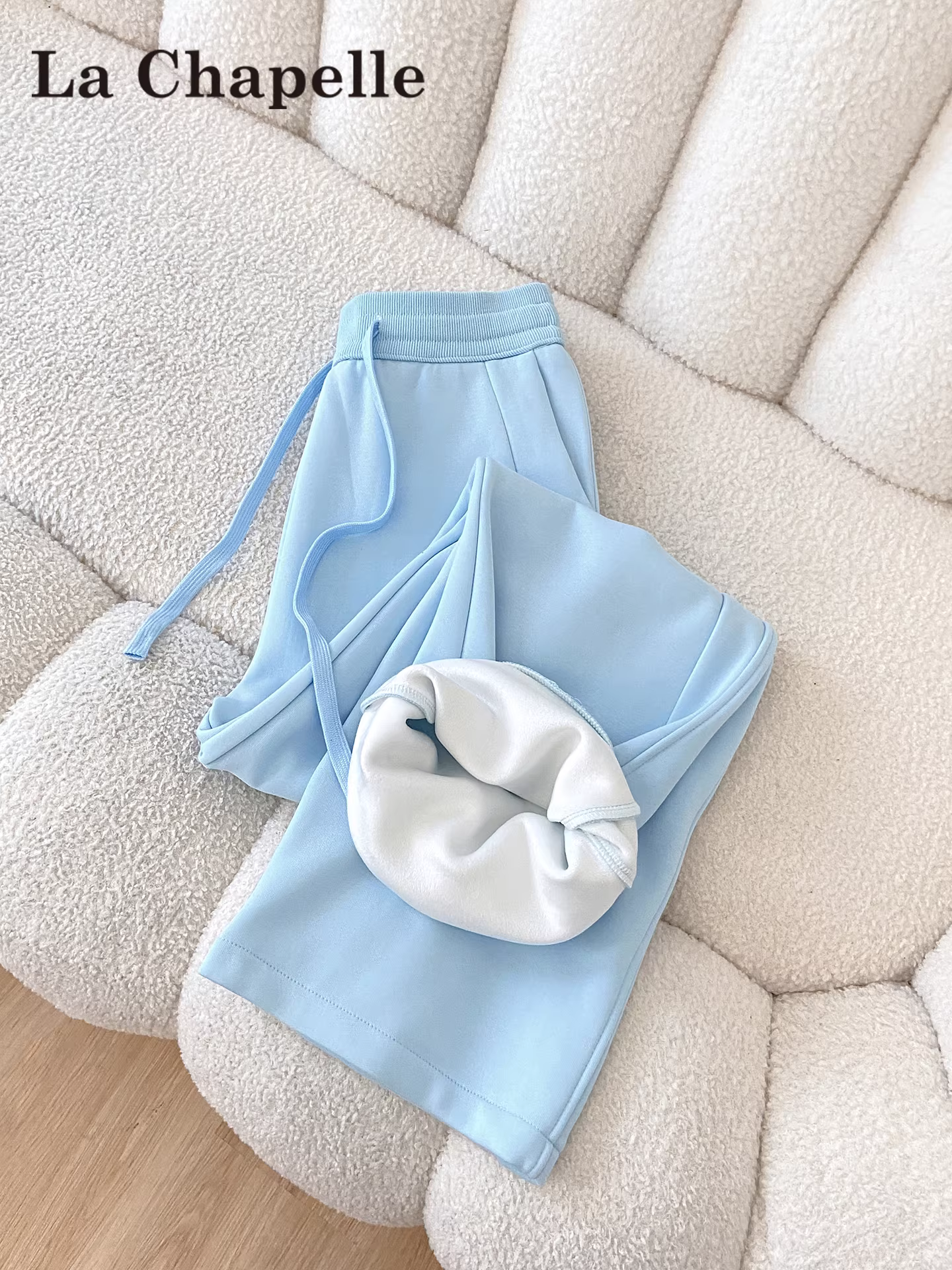 Quần thể thao ống rộng lót lông cừu màu xanh La Chapelle dành cho nữ, mẫu mới thu đông 2025, dáng rộng, cạp cao, ống thẳng