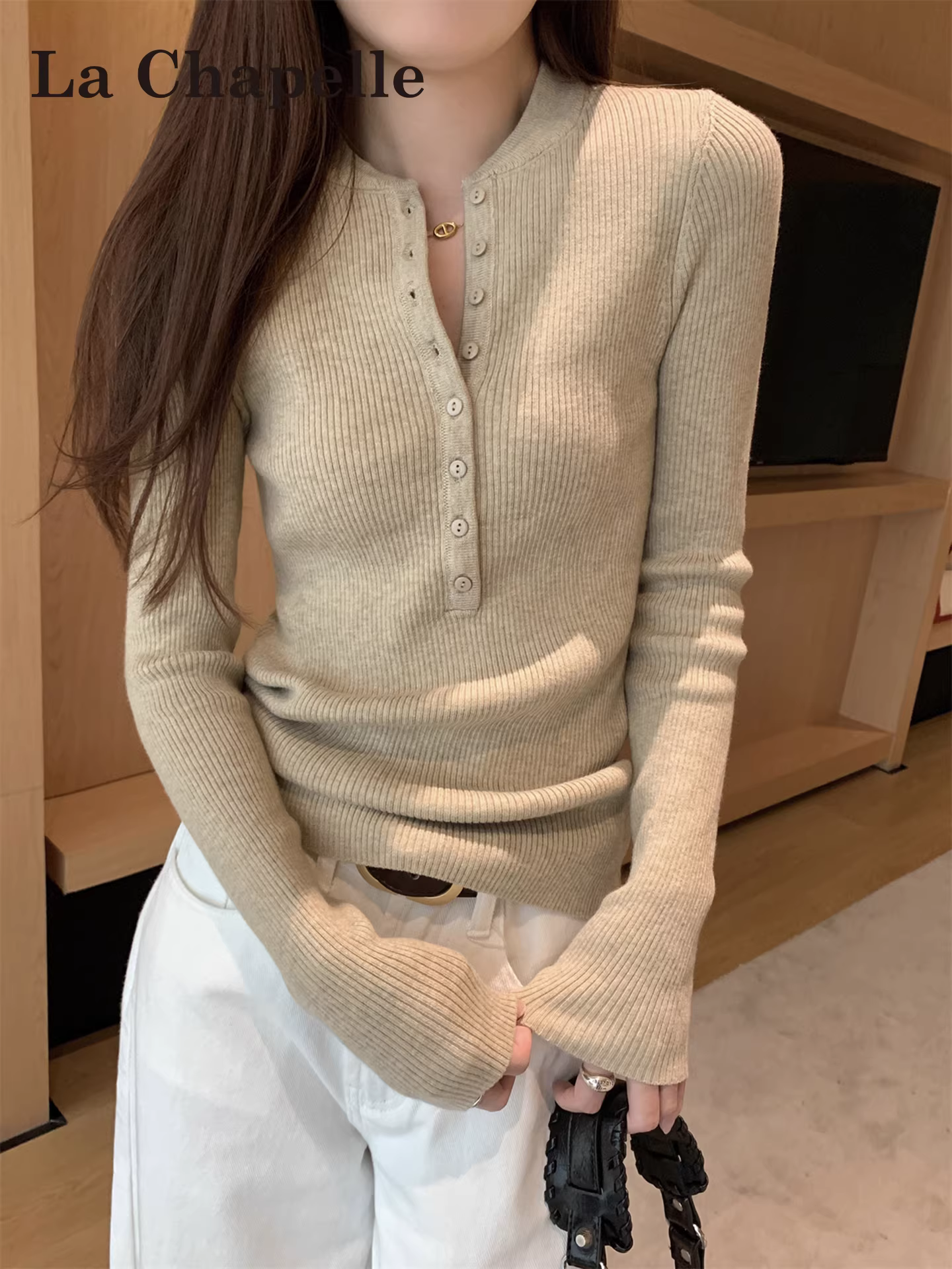 Áo len dệt kim cổ nửa mở La Chapelle dành cho nữ, mẫu mới thu đông 2025, ôm dáng, mặc lót bên trong