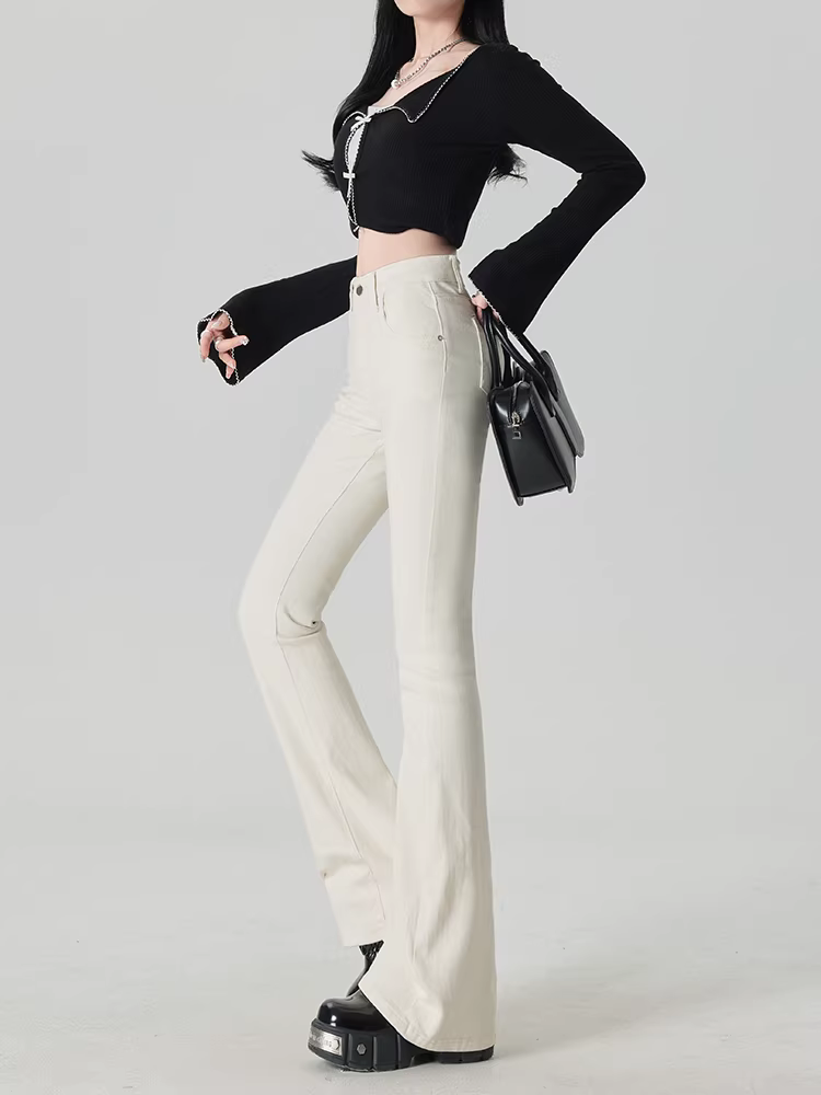 Quần jeans ống loe lót lông trắng La Chapelle dành cho nữ, mẫu mới thu đông 2025, cạp cao, ôm dáng, kiểu bootcut