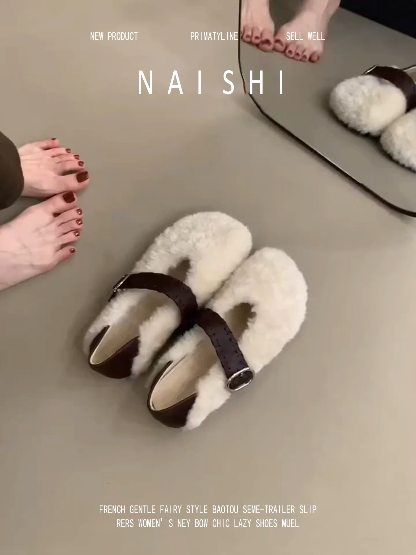 Phiên bản da cừu! Giày Mary Jane lông màu trắng kiểu Pháp dành cho nữ, quai đơn, đế mềm, kiểu Birkenstock phủ kín, giày lười lông mềm.