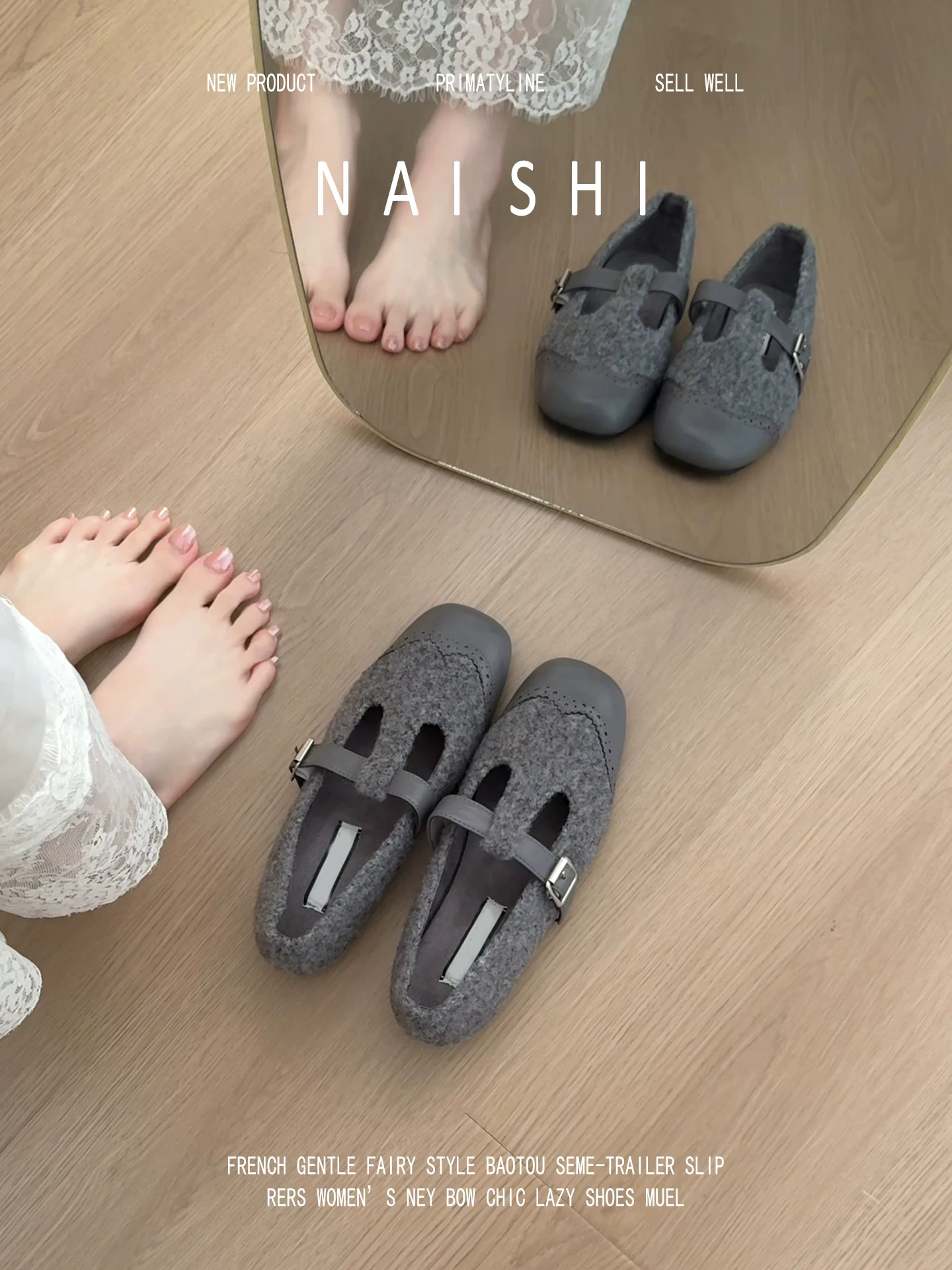 Phiên bản da cừu! Giày đế bằng bằng len màu xám có dây chữ T, đế mềm đa năng, giày bà ngoại ấm áp và lót lông cừu.