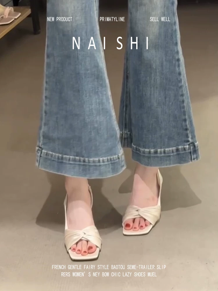 Phiên bản da cừu! Giày cao gót mũi nhọn bằng vải satin Pháp dành cho nữ, mũi vuông, hở mũi, kiểu sandal khoét bên, giày thanh lịch phối đồ.