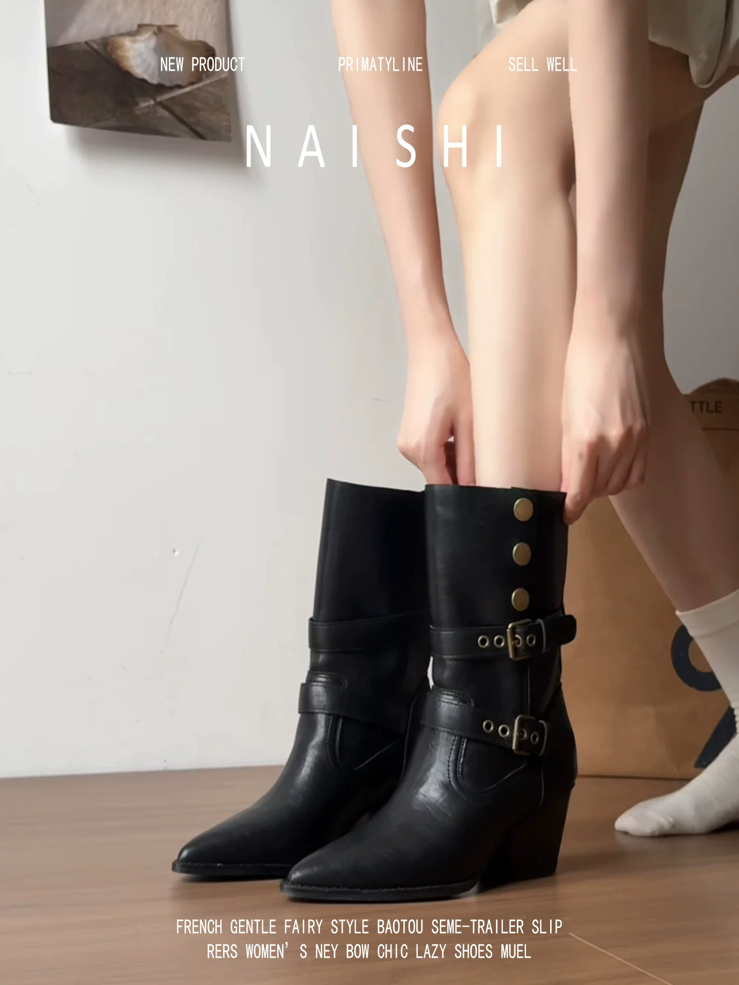 Phiên bản da cừu! Giày bốt Martin cổ điển dành cho nữ, gót dày, bốt cổ chân mũi nhọn màu đen, bốt đi xe có khóa thắt lưng, bốt cao gót kiểu miền Tây.