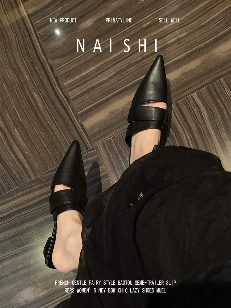 Phiên bản da cừu! Giày mules mũi nhọn cổ điển thanh lịch dành cho nữ, kiểu xỏ ngón màu đen, gót dày, mũi kín, kiểu nửa dép, thích hợp đi ngoài trời.