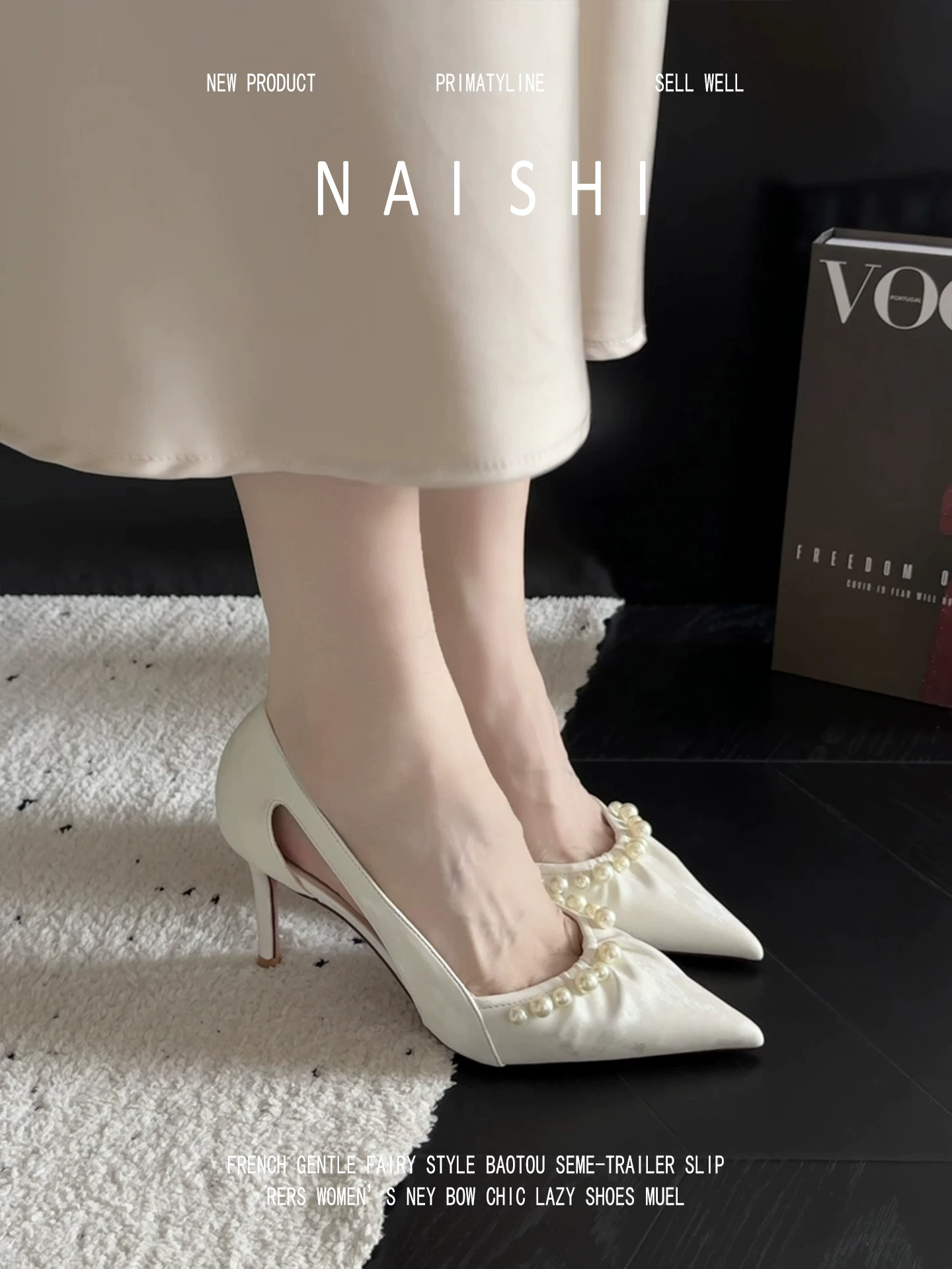 Phiên bản da cừu! Giày cao gót mũi nhọn nông kiểu Pháp đính ngọc trai dành cho nữ, phong cách quý tộc, dép cao gót xếp ly rỗng thanh lịch.