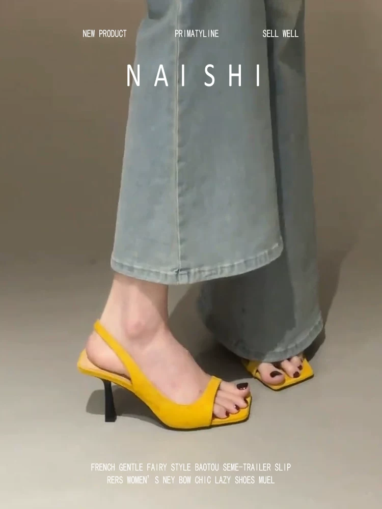 Phiên bản da cừu! Dép quai ngang mũi vuông dành cho nữ, phong cách Pháp mùa hè, phối cùng váy, giày cao gót, giày cao gót đen không gót.