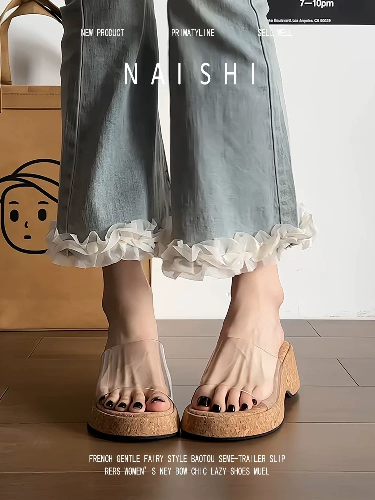 Phiên bản da cừu! Dép xỏ ngón đế xuồng trong suốt kiểu Pháp dành cho nữ, chống trơn trượt, đế đế cao tăng chiều cao, dép hở mũi.