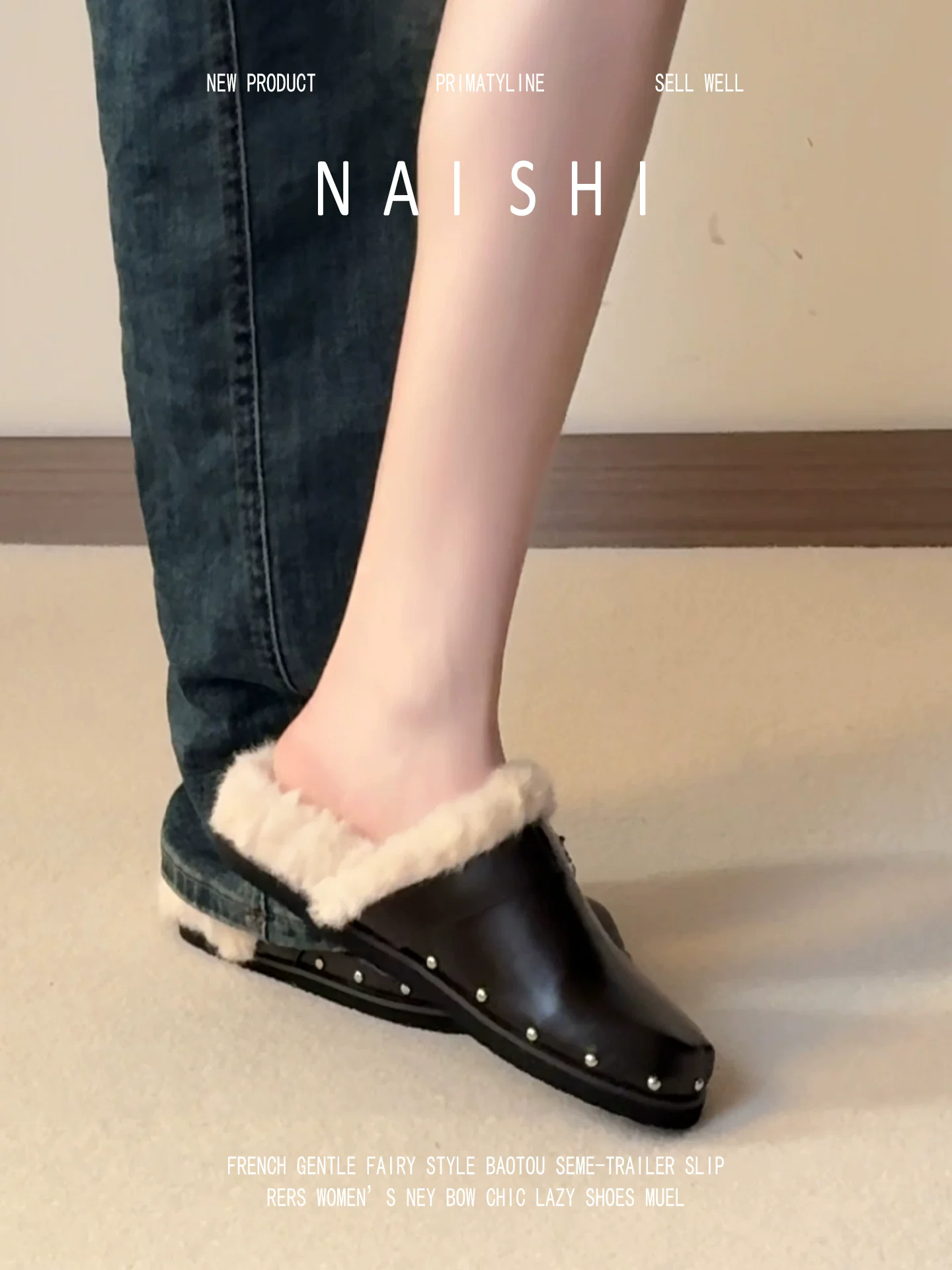 Phiên bản da cừu! Giày Birkenstock lười đi dễ dàng, có lông, trang trí khóa thắt lưng bằng đinh tán, kiểu nửa dép kín mũi, đế dày, dép bông ấm áp.