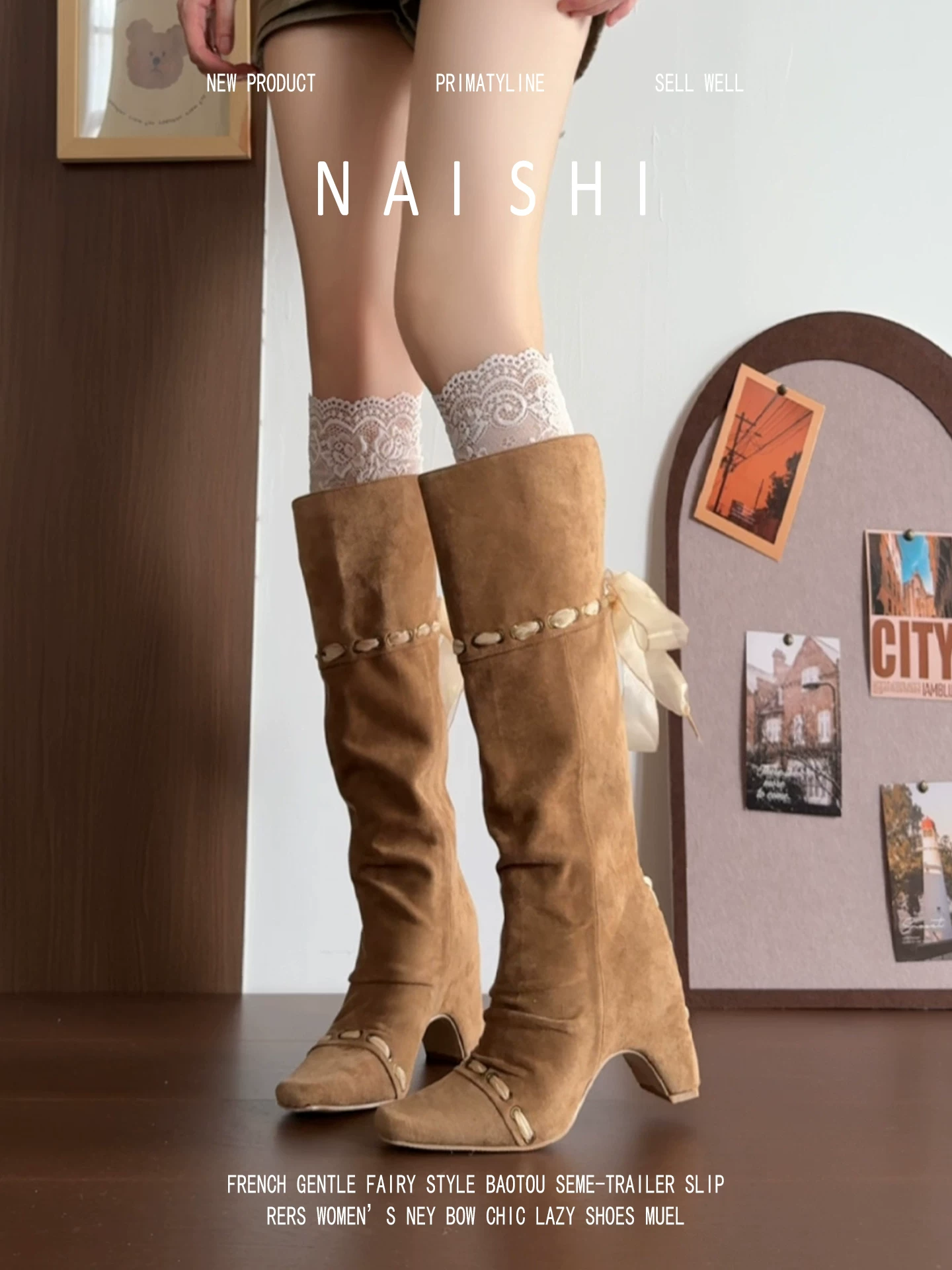 Phiên bản da cừu! Giày cao cổ Maillard Western Knight, phong cách đất hoang, kiểu dáng hot girl, thiết kế buộc dây, giày cao gót dài.