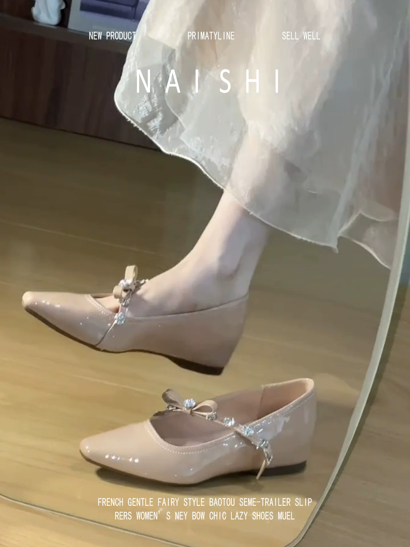 Phiên bản da cừu! Giày Mary Jane màu nude có nơ đính đá, quai đơn, gót ẩn, giày dạ hội, miệng nông, giày bệt thanh lịch.