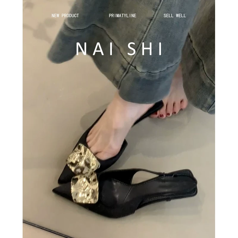 Phiên bản da cừu! Dép cao gót kiểu Pháp cao cấp dành cho nữ, có khóa kim loại hình vuông, mũi nhọn, gót cao, gót nhọn, giày đơn giản thanh lịch.