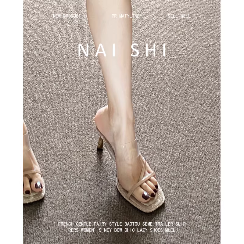 Phiên bản da cừu! Dép quai ngang trong suốt gợi cảm đính đá cho nữ, giày cao gót mũi vuông hở mũi để đi ngoài trời.