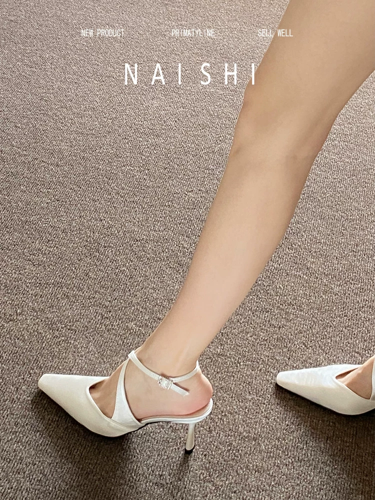 Phiên bản da cừu! Giày cao gót mũi nhọn kiểu Pháp dành cho nữ với dây buộc chéo, gót nhọn, dép kín mũi, giày bệt satin cao cấp.