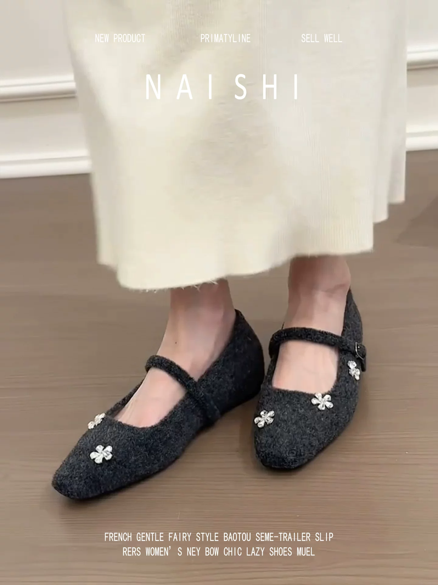 Phiên bản da cừu! Giày Mary Jane mũi vuông có dây đeo khóa đính đá cổ điển dành cho nữ, giày đơn bằng len miệng nông đa năng và thanh lịch.