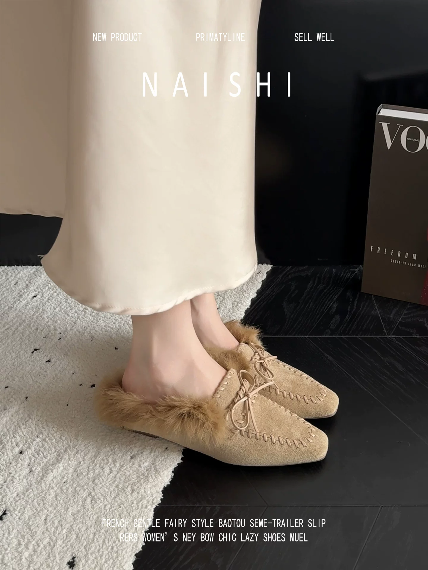 Phiên bản da cừu! Giày lười thắt nơ cổ điển, dép bông cho nữ, kiểu lười, lót lông cừu, kiểu nửa kín mũi.