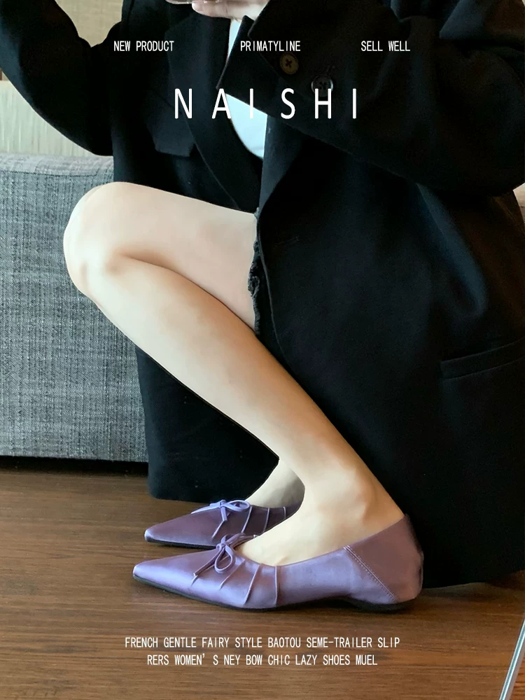 Phiên bản da cừu! Giày Mary Jane màu tím satin có nơ xếp ly, kiểu lười, gót giấu, mũi nhọn dành cho nữ.