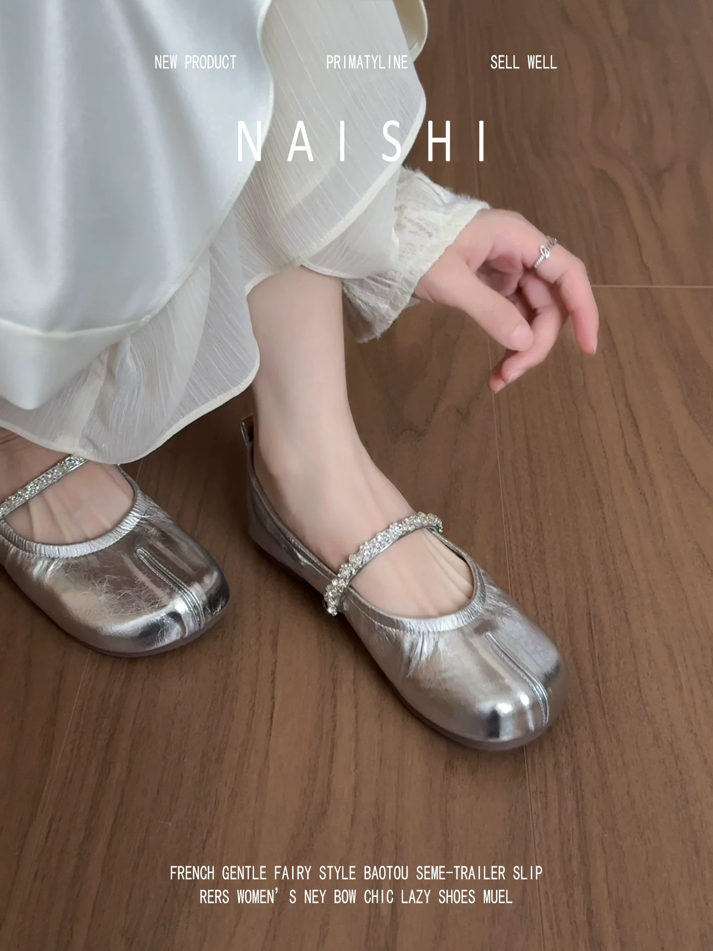 Phiên bản da cừu! Giày Mary Jane đính đá kiểu Pháp dành cho nữ, giày ba lê màu bạc mũi tròn đế bằng, thích hợp đi cùng đầm.