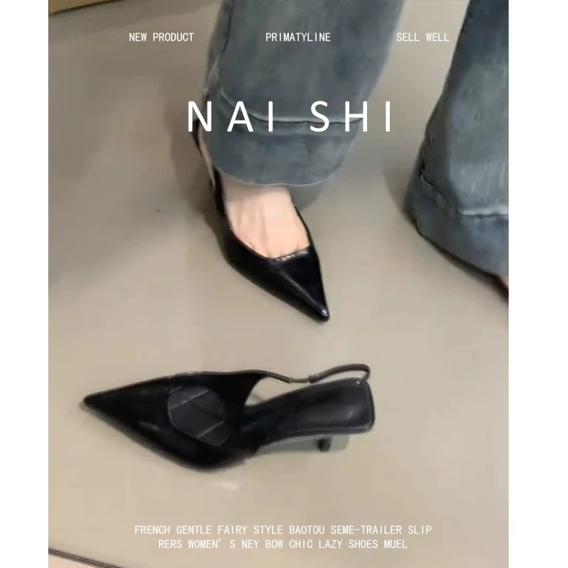 Phiên bản da cừu! Dép sandal nữ màu đen, mũi kín, gót kitten, kiểu Pháp, mũi nhọn, gót thấp, không gót sau, gót cao, gót nhọn.