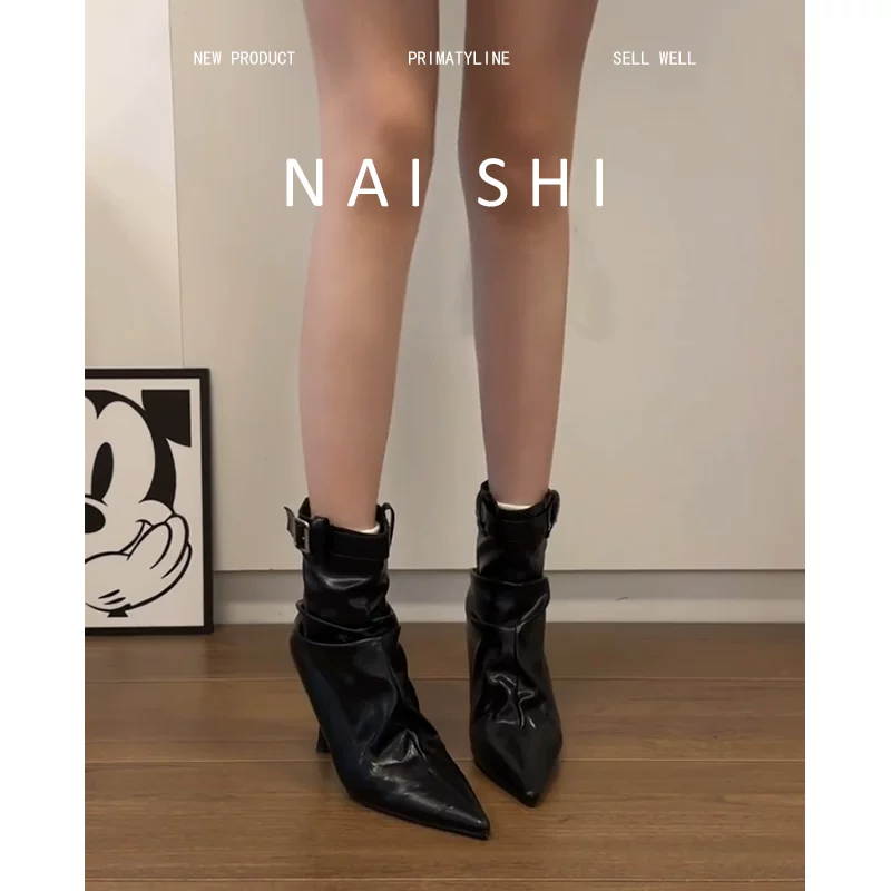 Phiên bản da cừu! Giày bốt cao gót ngắn có khóa thắt lưng thời trang dành cho nữ, mũi nhọn, bốt xếp ly, da thật, gót nhọn thanh lịch, bốt co giãn.