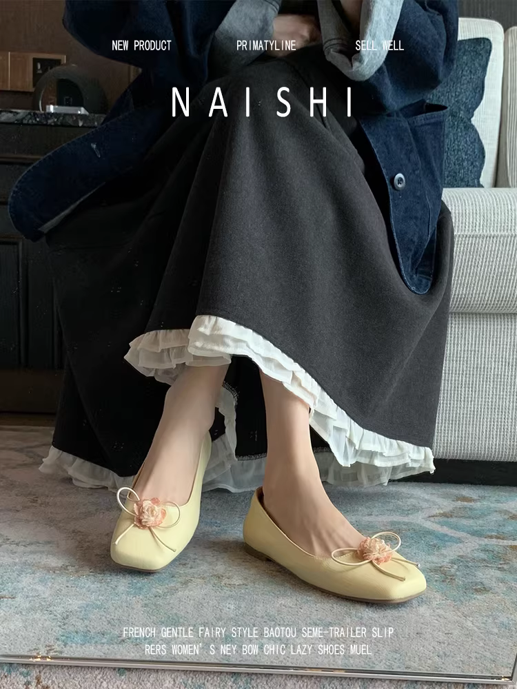 Phiên bản da cừu! Giày bệt kiểu hoa hồng phong cách Trung Quốc mới dành cho nữ, kiểu lười, phối cùng váy, giày Mary Jane da mềm cổ điển.