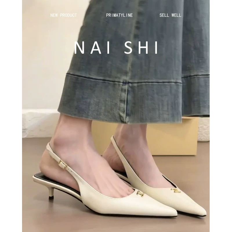 Phiên bản da cừu! Giày mules mũi nhọn dành cho nữ với gót kitten, khóa kim loại, kiểu dáng thanh lịch kiểu Chanel.