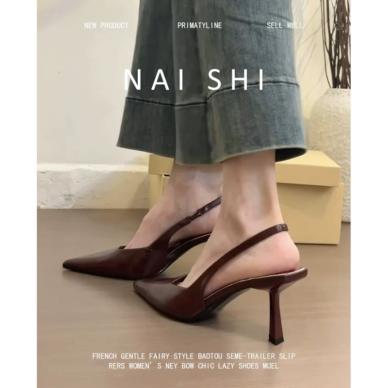 Phiên bản da cừu! Dép sandal nữ kiểu cổ điển, quai đơn, mũi nhọn nông, gót cao, kiểu Pháp.