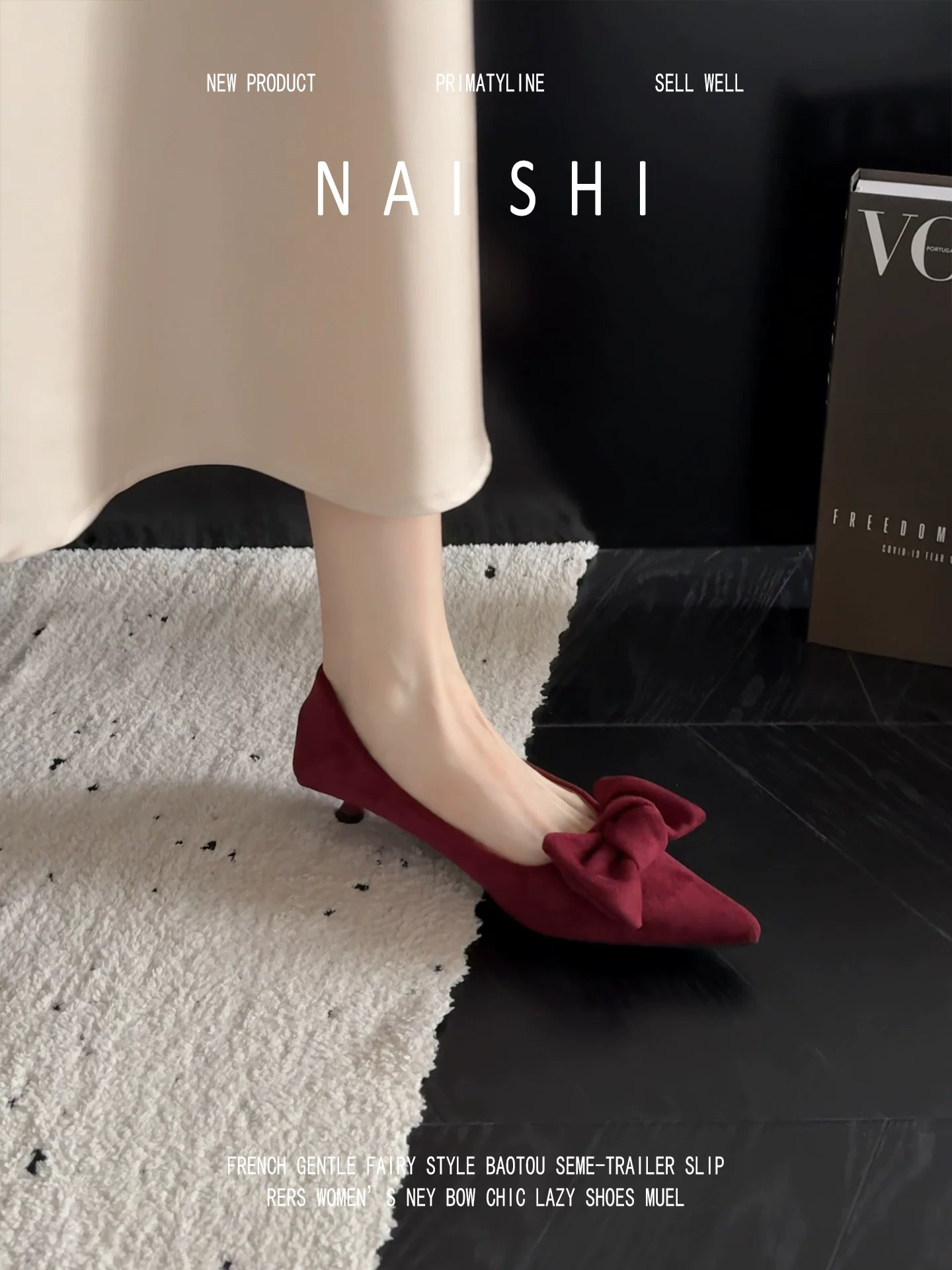 Phiên bản da cừu! Giày cao gót mũi nhọn kiểu cổ điển, phong cách dạ hội Pháp, giày cao gót mũi nhọn màu đỏ da lộn có nơ.