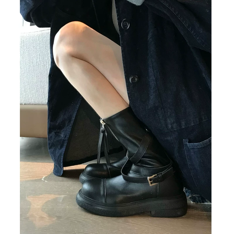 Phiên bản da bò! Giày cao bồi kiểu miền Tây cổ điển dành cho nữ, giày cao gót chunky độc đáo có khóa kéo phía trước, kiểu Anh, giày Martin đế dày.