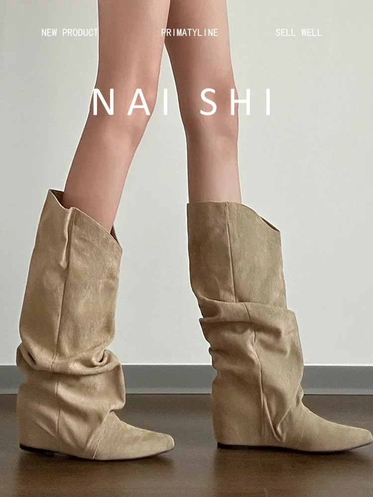 Phiên bản da cừu! Giày cao bồi miền Tây màu nâu, kiểu dáng đa năng, phong cách đất hoang, giày cao cổ xếp tầng dành cho nữ, tăng chiều cao, thon gọn, kiểu cổ điển.