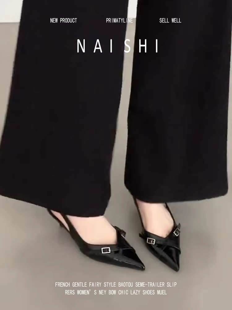 Phiên bản da cừu! Dép sandal nữ da bóng kiểu Pháp, mũi kín, có khóa thắt lưng, giày đơn giản thanh lịch, miệng giày nông, gót nhọn, giày cao gót không gót.