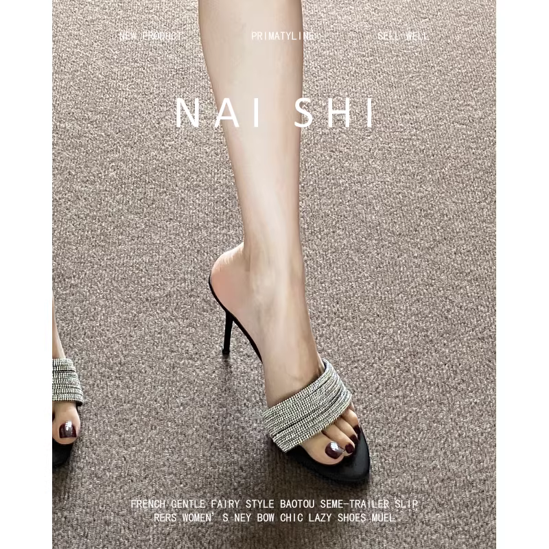 Phiên bản da cừu! Giày cao gót kiểu Pháp thanh lịch dành cho nữ, dép quai đính đá, dép hở mũi gợi cảm để đi ngoài trời.