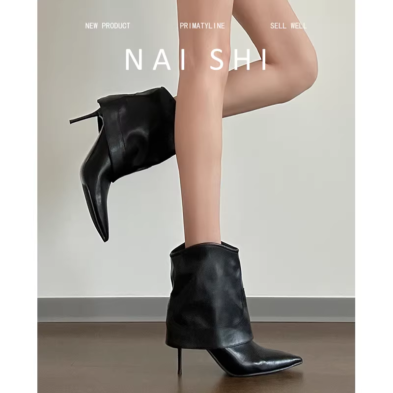 Phiên bản da cừu! Giày bốt ngắn mũi nhọn dành cho nữ, bốt cao gót kiểu quần ống rộng với thiết kế thời trang dành cho phụ nữ nhỏ nhắn, bốt cưỡi ngựa màu đen.