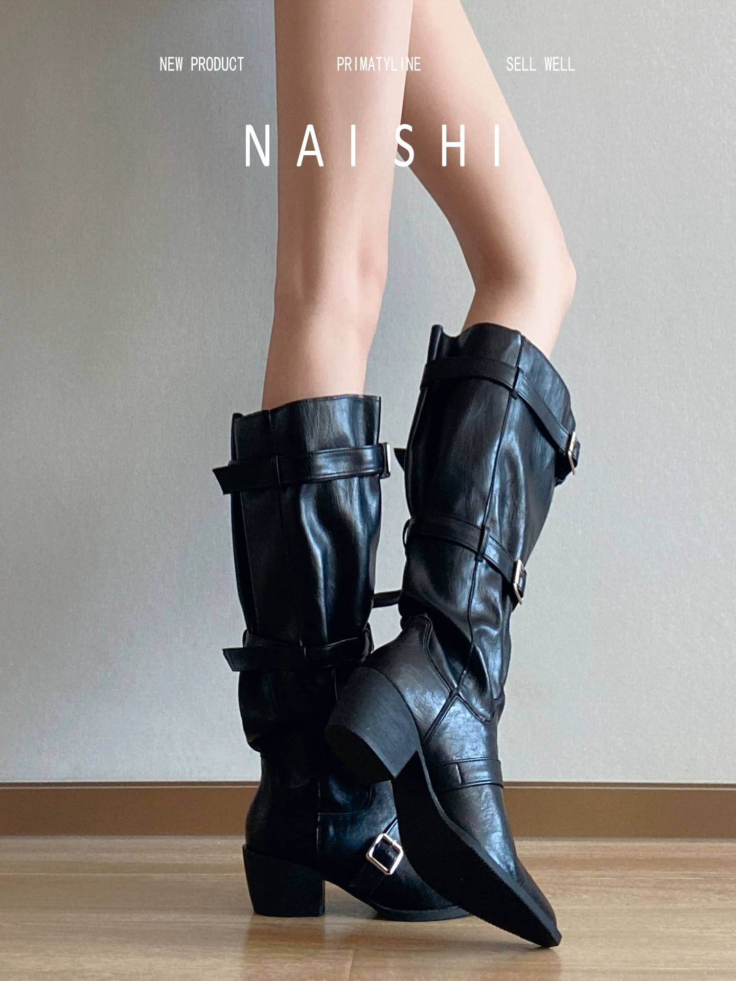 Phiên bản da cừu! Giày cao cổ màu đen dành cho nữ, mũi nhọn, có khóa thắt lưng, gót dày, kiểu dáng thon gọn, ống rộng, kiểu miền Tây.