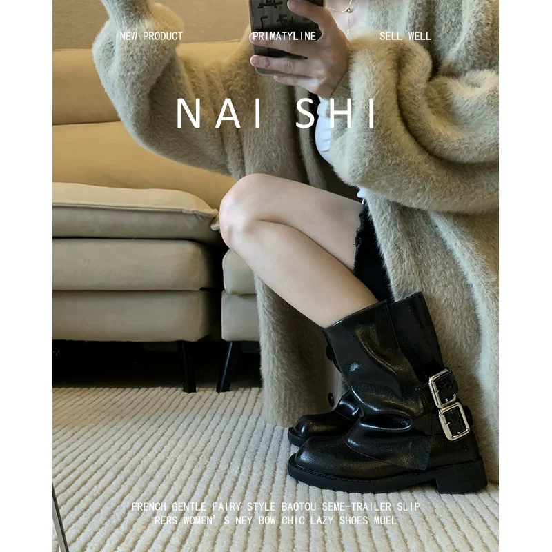 Phiên bản da cừu! Giày bốt hiệp sĩ ngắn có khóa thắt lưng cổ điển dành cho nữ, giày bốt kiểu dáng quần ống vuông thời trang, giày bốt Martin ngọt ngào và cá tính với gót dày.