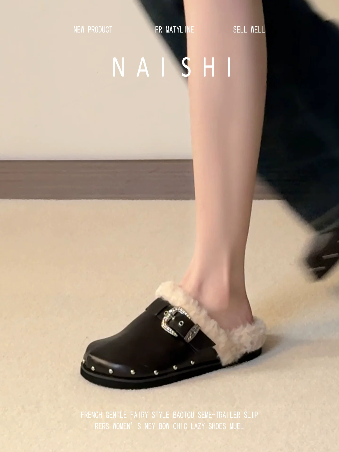 Phiên bản da cừu! Giày Birkenstock lười đi dễ dàng, có lông, trang trí khóa thắt lưng bằng đinh tán, kiểu nửa dép kín mũi, đế dày, dép bông ấm áp.