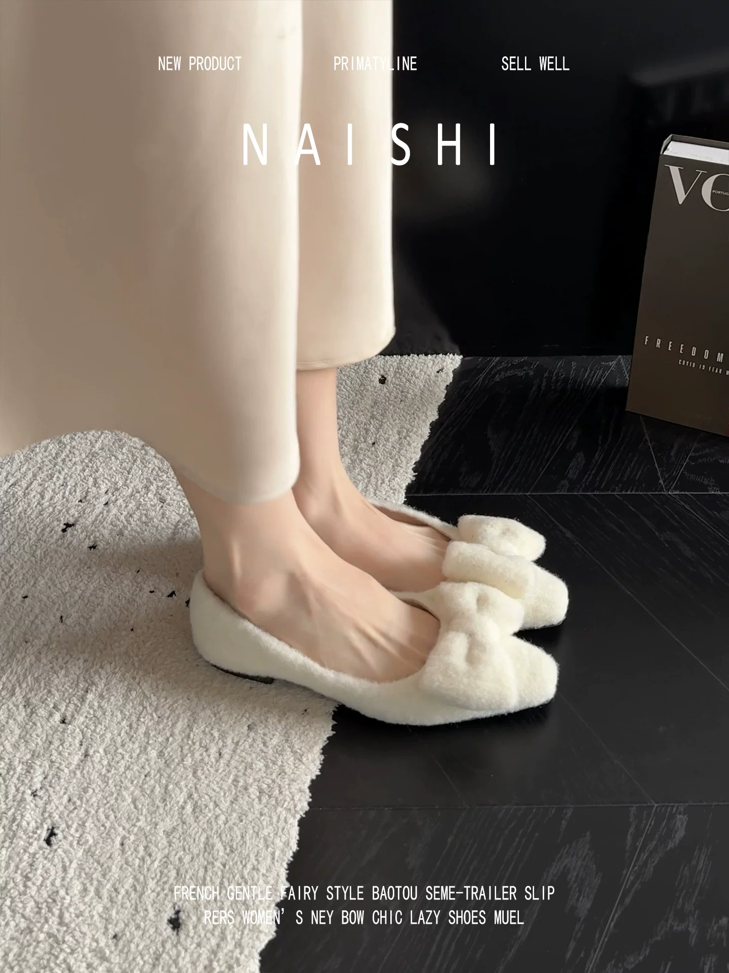 Phiên bản da cừu! Giày lông trắng có nơ nhẹ nhàng, giày đế thấp phối cùng váy, giày Mary Jane lông mềm kiểu Chanel.