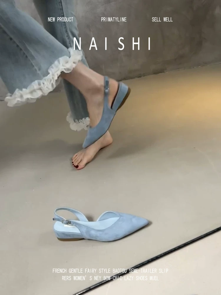 Phiên bản da cừu! Dép quai hậu kiểu Pháp dành cho nữ, có dây buộc phía sau, gót đế xuồng thấp, chất liệu da lộn, giày mũi nhọn thanh lịch.