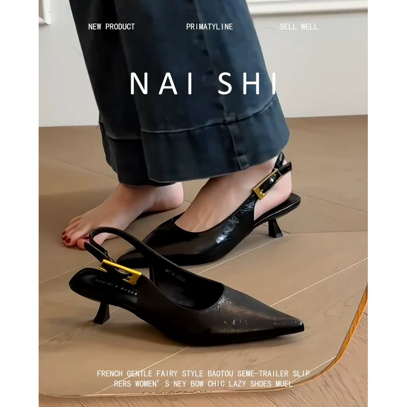 Phiên bản da cừu! Giày sandal mũi kín gót kitten kiểu Pháp dành cho nữ, giày hở lưng có khóa kim loại thời trang, giày cao gót thanh lịch bằng da thật.