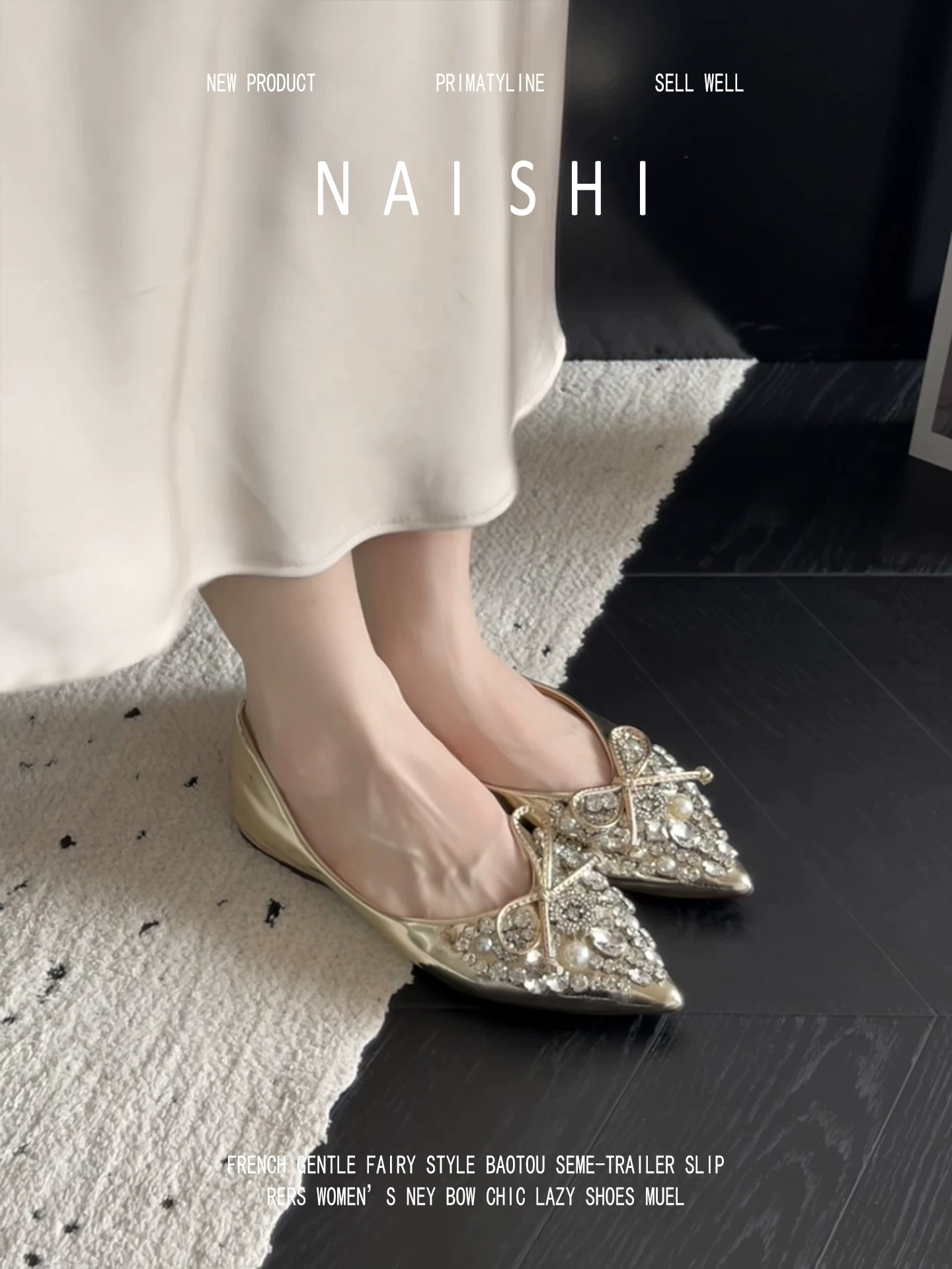 Phiên bản da cừu! Giày Mary Jane mũi nhọn đính đá phong cách Pháp dành cho nữ, kiểu lười, nơ tuyệt đẹp, miệng giày nông, đế bằng tăng chiều cao.