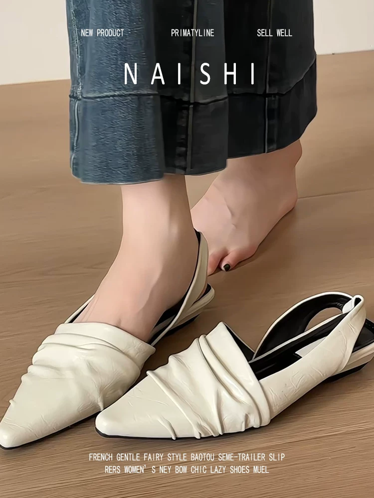 Phiên bản da cừu! Dép quai hậu xếp ly cổ điển dành cho nữ, mũi nhọn, giày đế xuồng kiểu Mary Jane thời trang, độc đáo.
