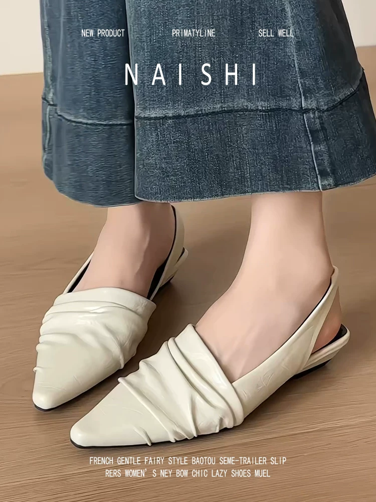 Phiên bản da cừu! Dép quai hậu xếp ly cổ điển dành cho nữ, mũi nhọn, giày đế xuồng kiểu Mary Jane thời trang, độc đáo.