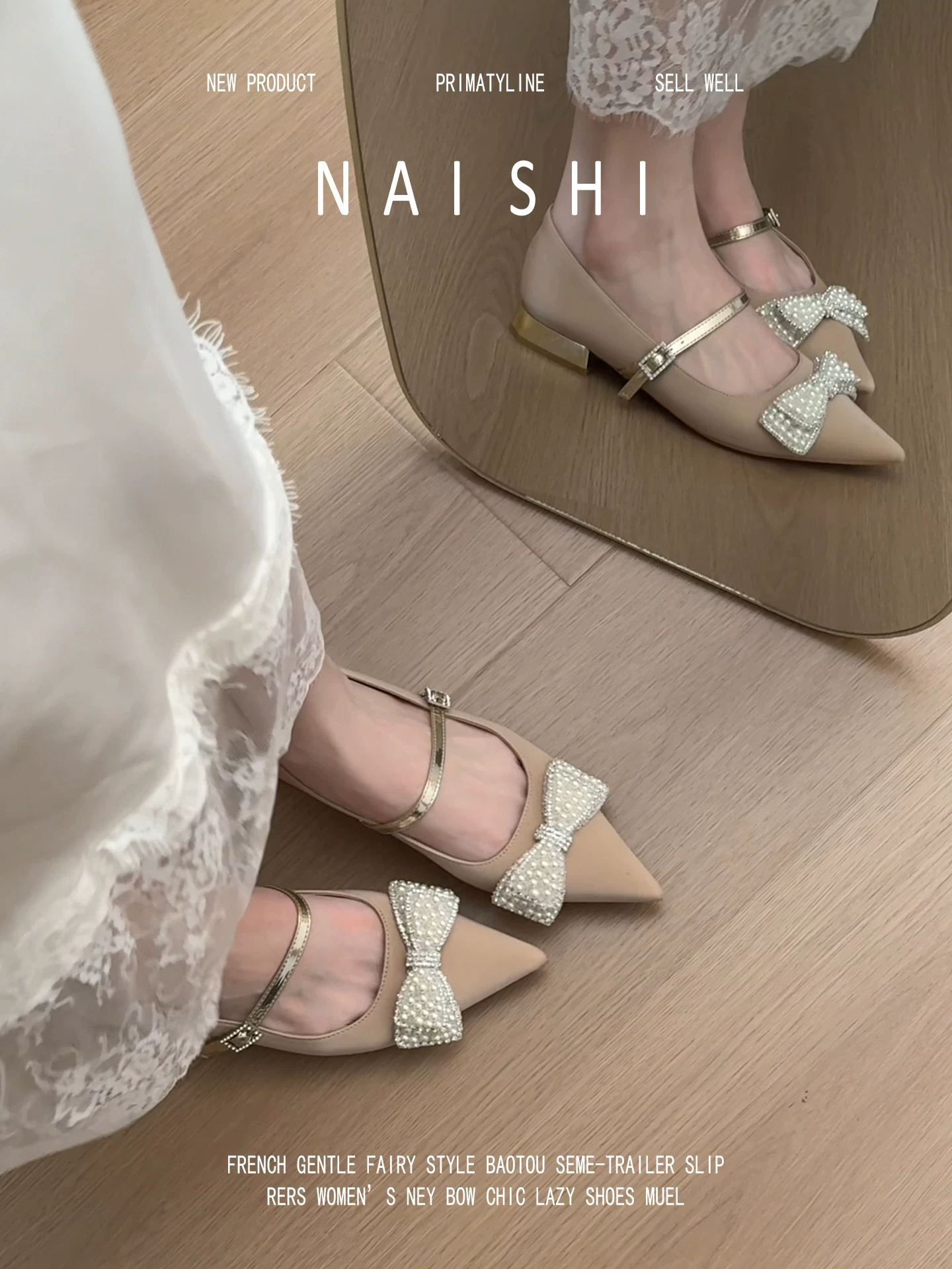 Phiên bản da cừu! Giày Mary Jane kiểu Chanel dành cho nữ với nơ đính đá kiểu Pháp thanh lịch, mũi nhọn và gót dày.