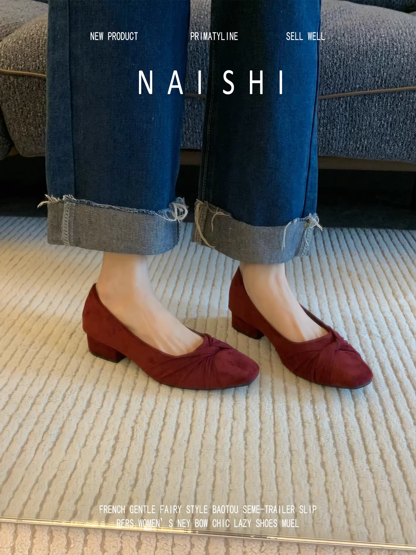 Phiên bản da cừu! Giày Mary Jane màu đỏ kiểu Pháp dành cho nữ, giày cao gót đế thô kiểu retro bằng da lộn có nơ, kiểu xỏ ngón.