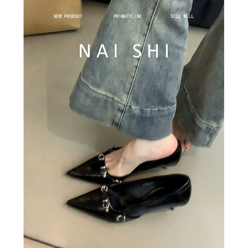 Phiên bản da cừu! Giày cao gót mũi nhọn kiểu Pháp dành cho nữ, giày đơn giản kiểu dáng nông có khóa thắt lưng, giày lười da thật để đi làm.
