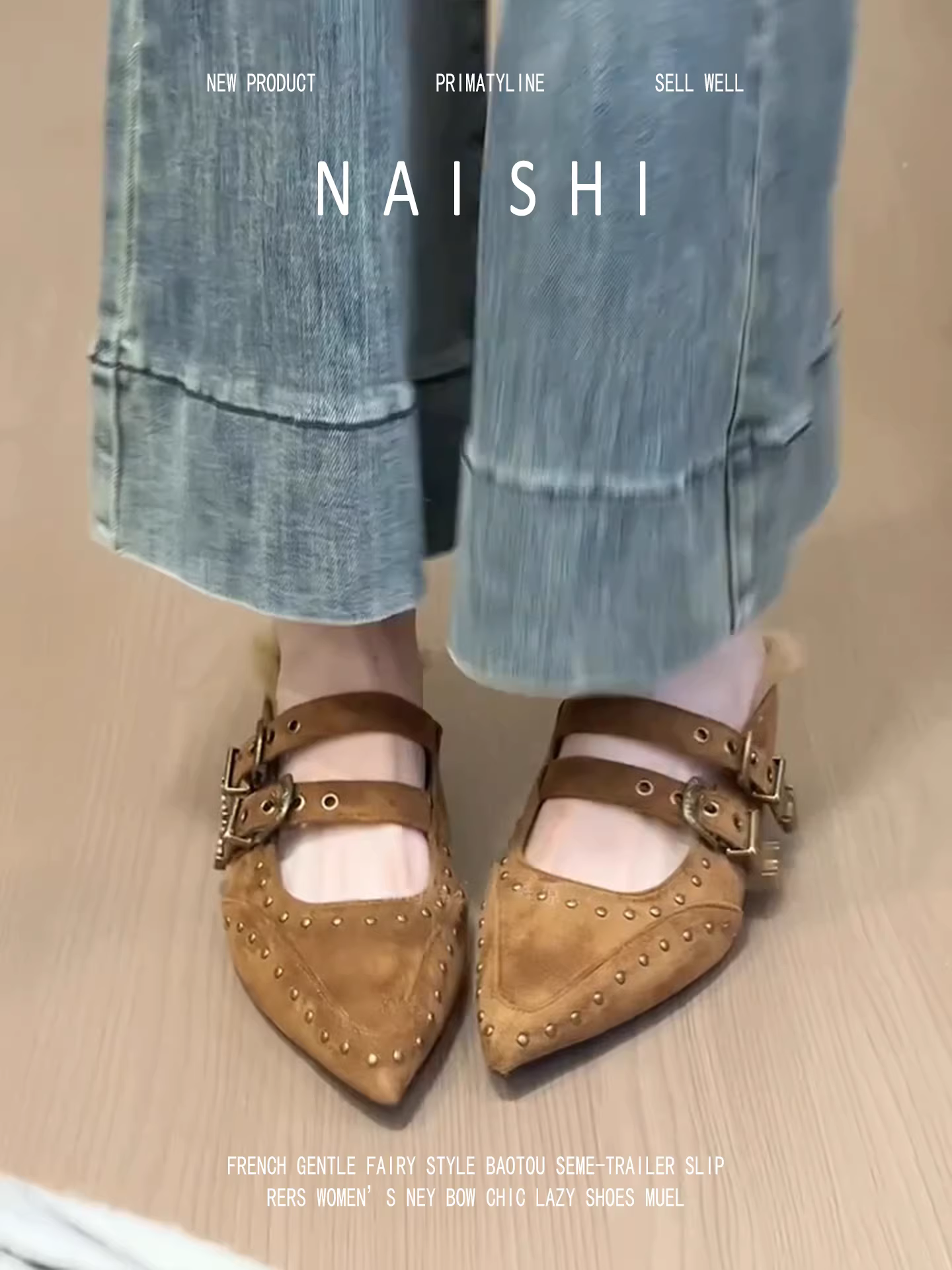 Phiên bản da cừu! Giày mules mũi nhọn cổ điển dành cho nữ, có đinh tán, quai đơn, lót lông cừu, tăng chiều cao.