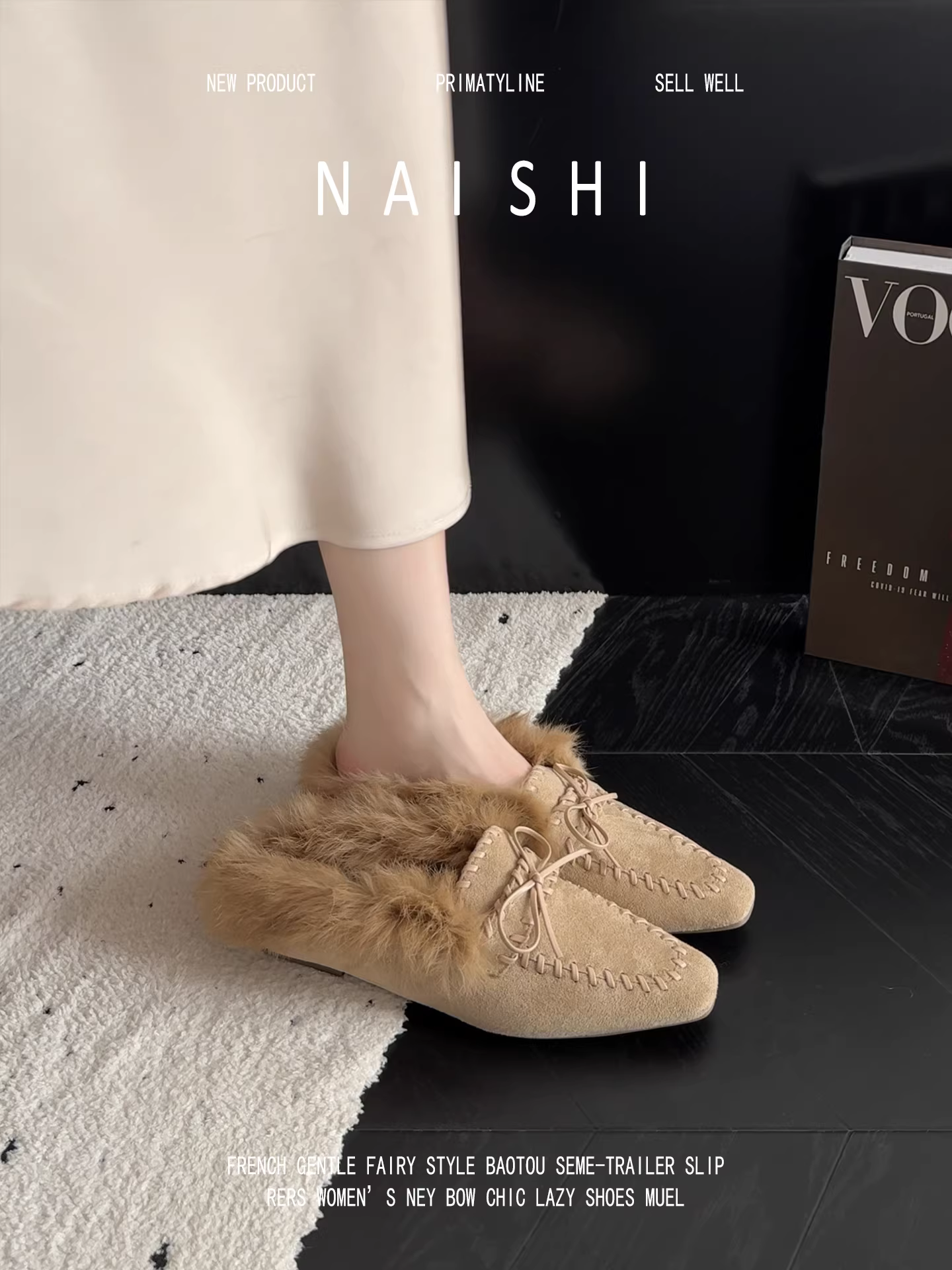 Phiên bản da cừu! Giày lười thắt nơ cổ điển, dép bông cho nữ, kiểu lười, lót lông cừu, kiểu nửa kín mũi.